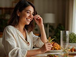 Customer happily enjoying meal at home